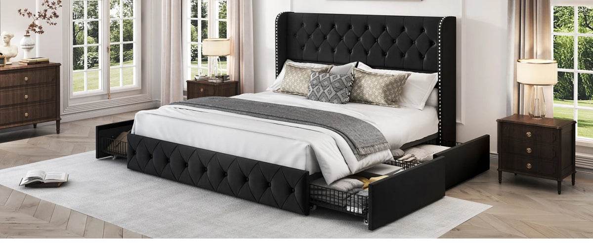 Velvet Upholstered Platform Bed Frame With Storage Drawers - Sleep Galleria