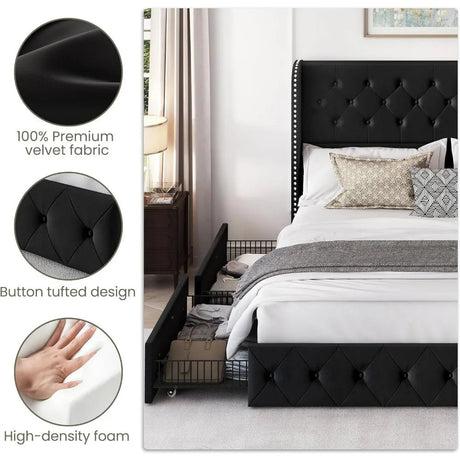 Velvet Upholstered Platform Bed Frame With Storage Drawers - Driftwood - Sleep Galleria