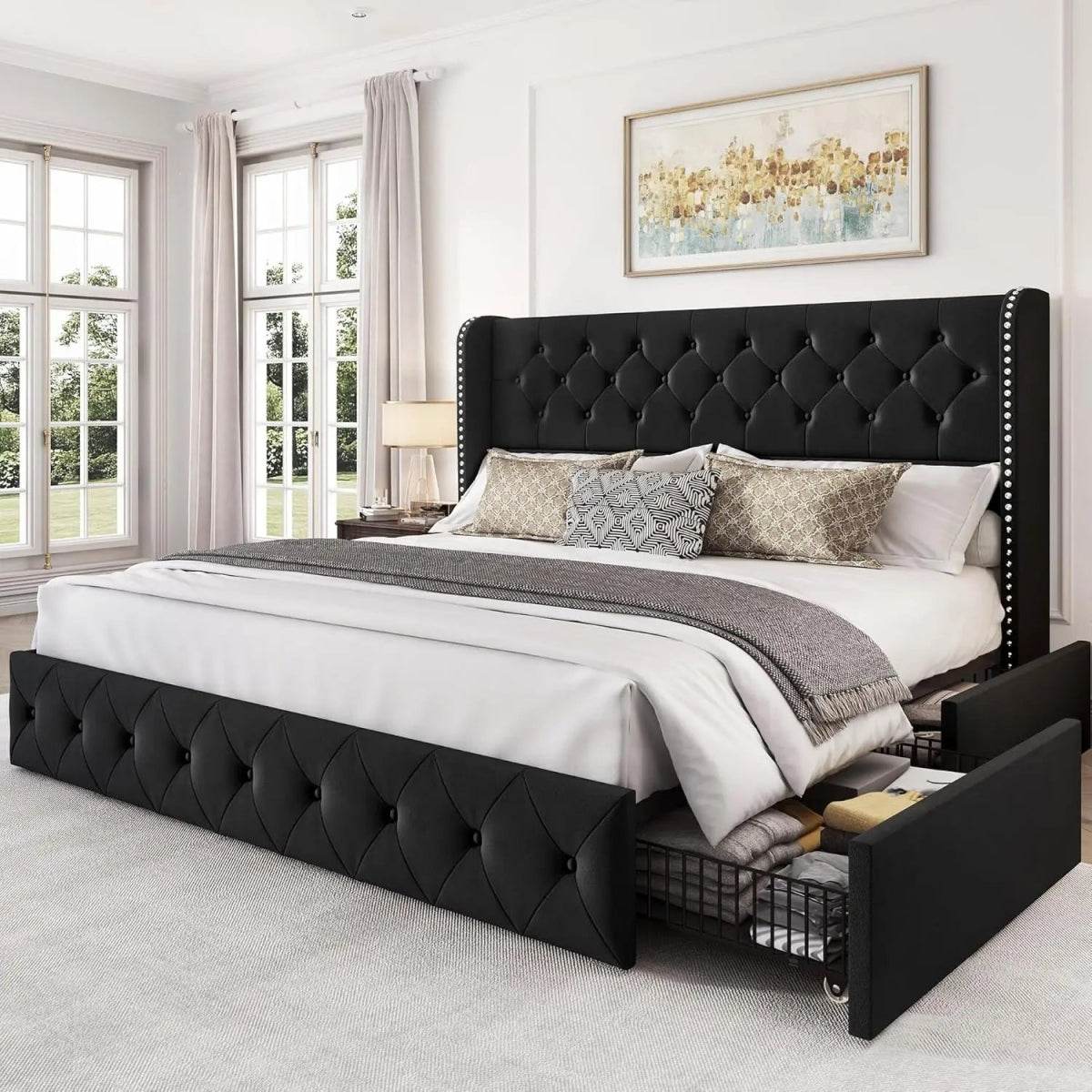 Velvet Upholstered Platform Bed Frame With Storage Drawers - Sleep Galleria
