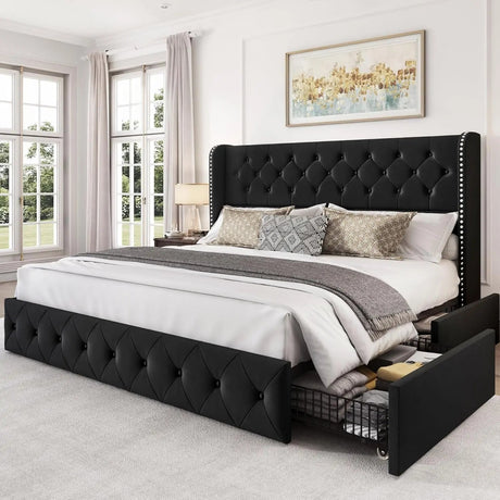 Velvet Upholstered Platform Bed Frame With Storage Drawers - Driftwood - Sleep Galleria