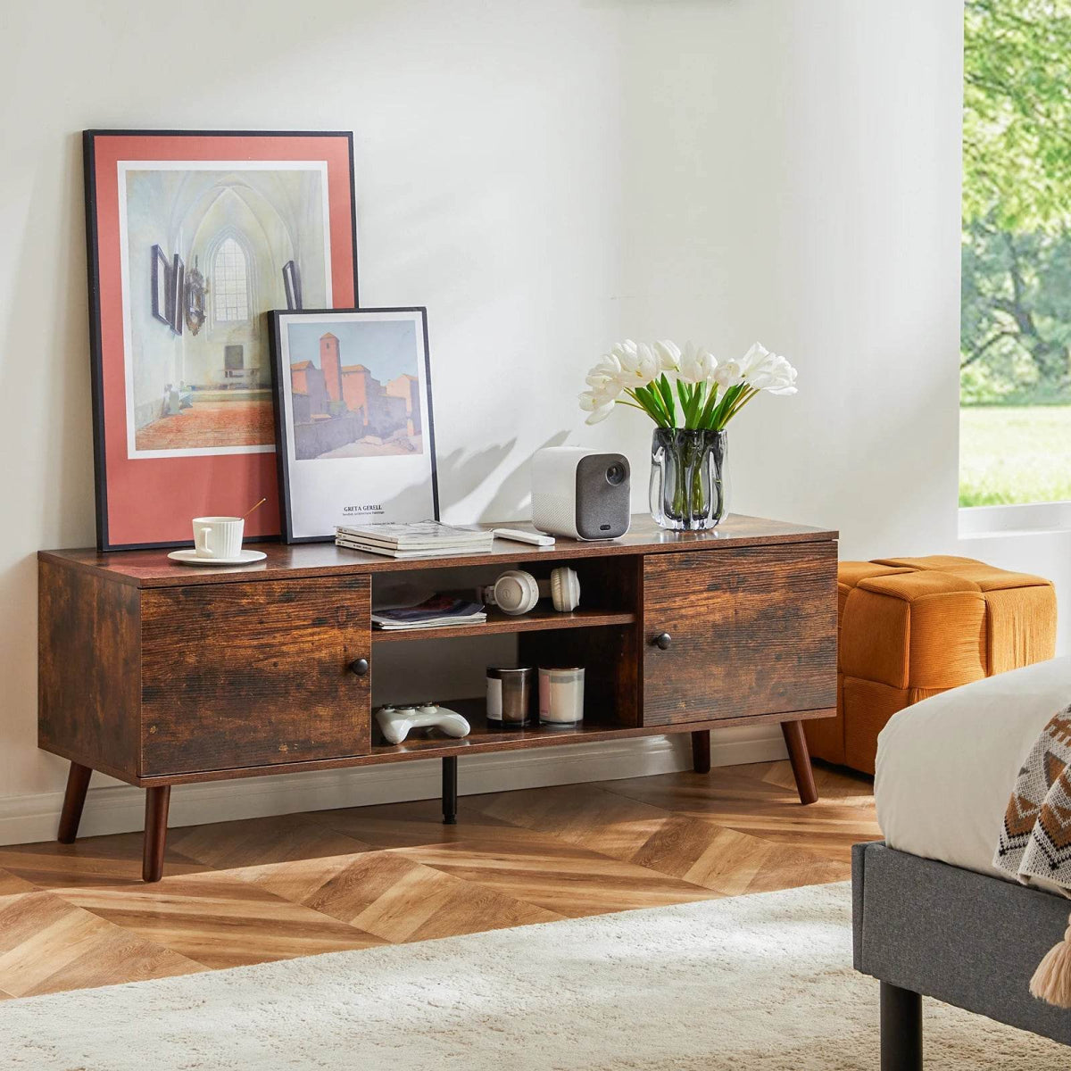 Wooden Fireplace TV Stand with Adjustable Shelf and Storage - Driftwood - Sleep Galleria