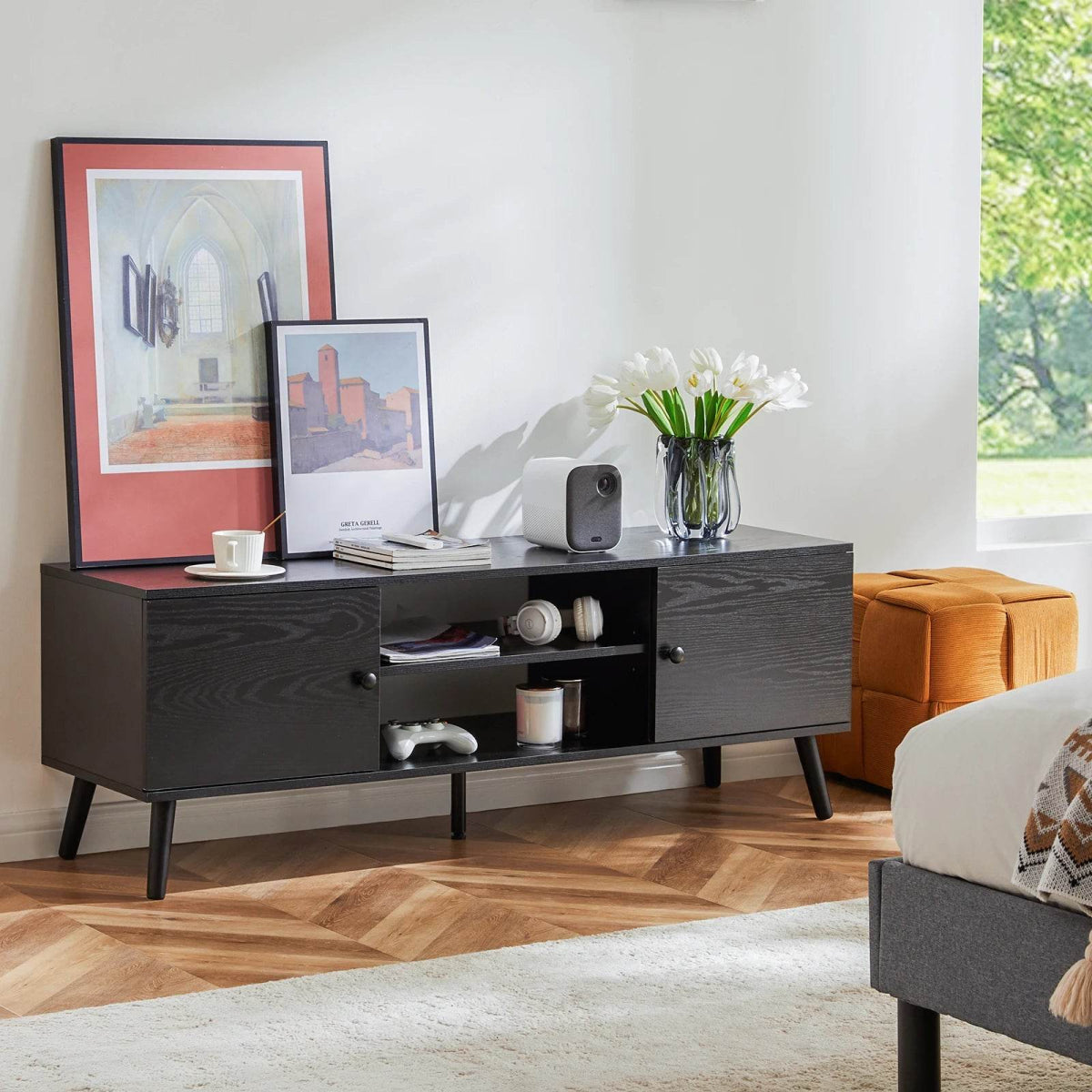 Wooden Fireplace TV Stand with Adjustable Shelf and Storage - Driftwood - Sleep Galleria