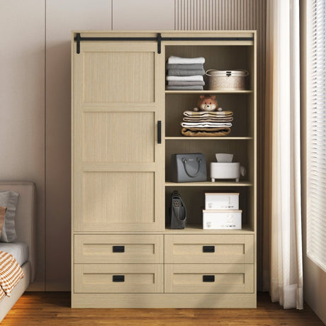 Wooden Sliding Barn Door Armoire Wardrobe Cabinet Storage - Driftwood - Sleep Galleria