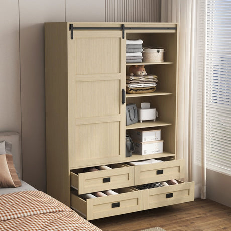Wooden Sliding Barn Door Armoire Wardrobe Cabinet Storage - Driftwood - Sleep Galleria