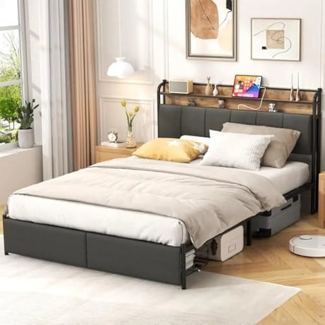 LED Upholstered Bed Frame With Storage Drawers and Charging Station - DUTRIEUX - Sleep Galleria