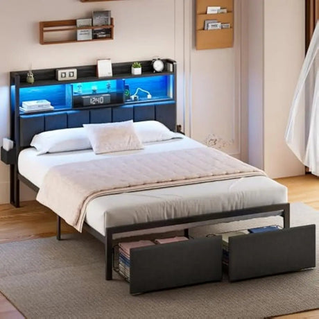 LED Upholstered Bed Frame With Storage Drawers and Charging Station - DUTRIEUX - Sleep Galleria