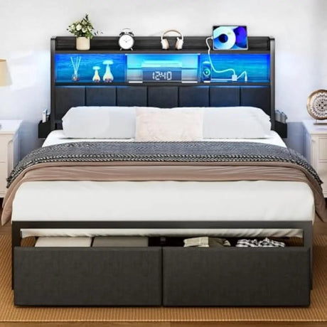 LED Upholstered Bed Frame With Storage Drawers and Charging Station - DUTRIEUX - Sleep Galleria