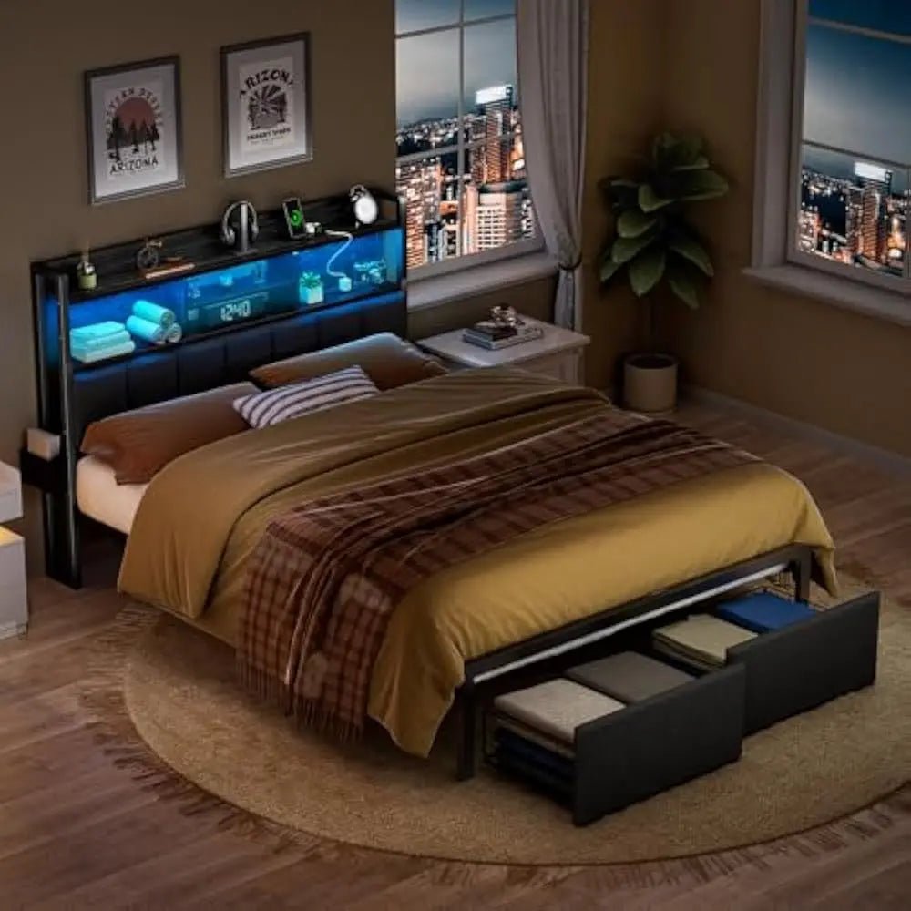 LED Upholstered Bed Frame With Storage Drawers and Charging Station - DUTRIEUX - Sleep Galleria