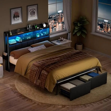 LED Upholstered Bed Frame With Storage Drawers and Charging Station - DUTRIEUX - Sleep Galleria