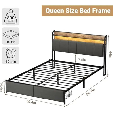 LED Upholstered Bed Frame With Storage Drawers and Charging Station - DUTRIEUX - Sleep Galleria
