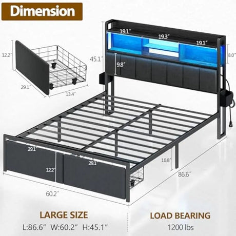 LED Upholstered Bed Frame With Storage Drawers and Charging Station - DUTRIEUX - Sleep Galleria