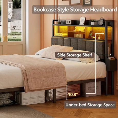 LED Upholstered Bed Frame With Storage Drawers and Charging Station - DUTRIEUX - Sleep Galleria