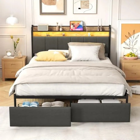 LED Upholstered Bed Frame With Storage Drawers and Charging Station - DUTRIEUX - Sleep Galleria