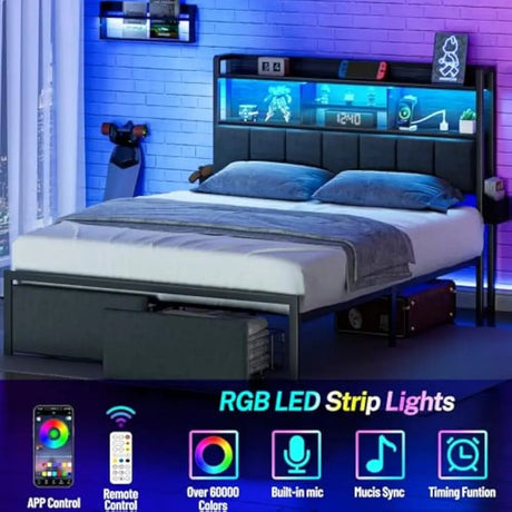 LED Upholstered Bed Frame With Storage Drawers and Charging Station - DUTRIEUX - Sleep Galleria