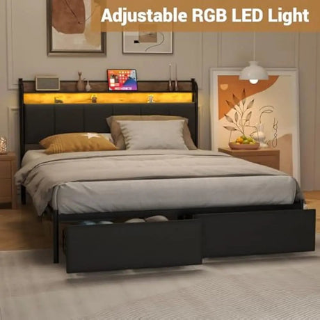 LED Upholstered Bed Frame With Storage Drawers and Charging Station - DUTRIEUX - Sleep Galleria