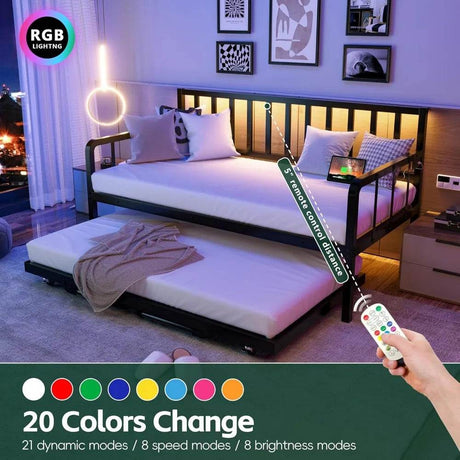 Metal Twin Daybed With Pop - Up Trundle Charging Station - DUTRIEUX - Sleep Galleria