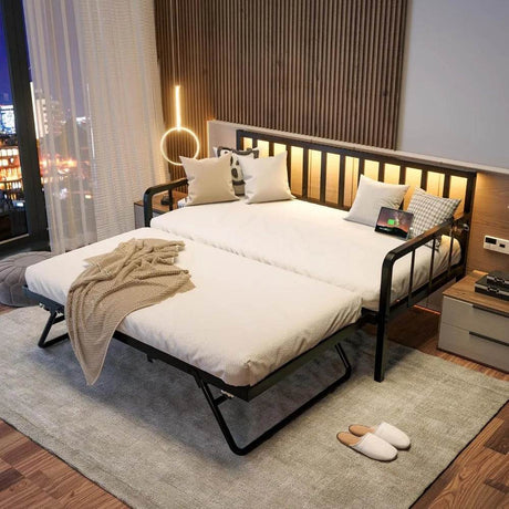 Metal Twin Daybed With Pop - Up Trundle Charging Station - DUTRIEUX - Sleep Galleria