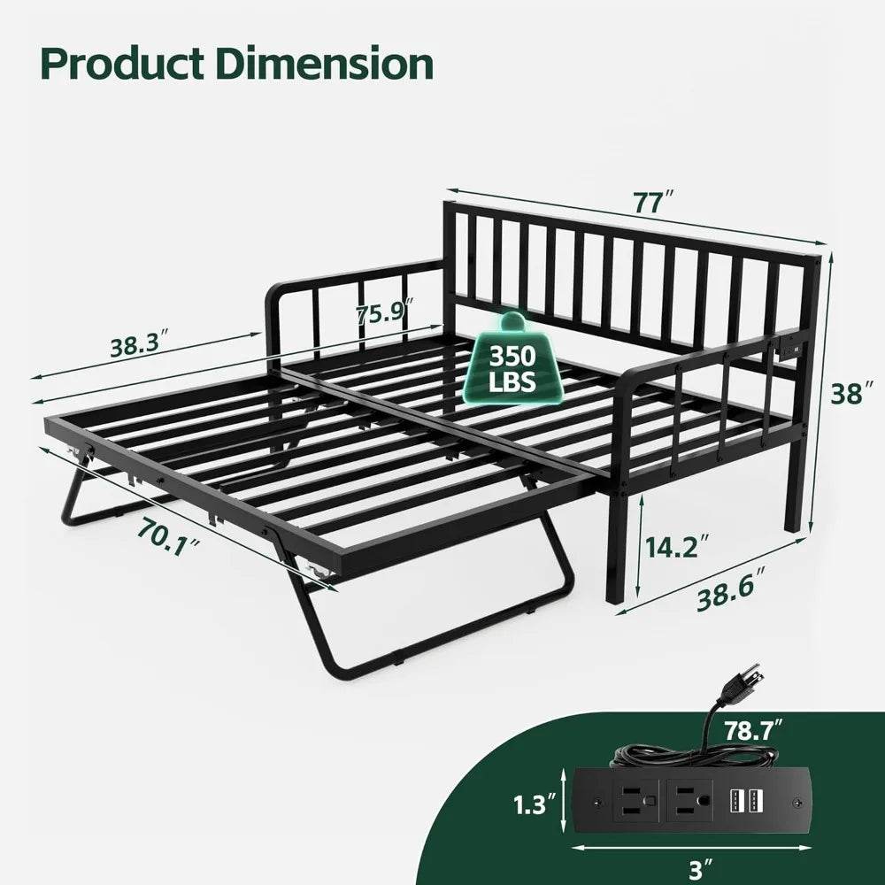 Metal Twin Daybed With Pop - Up Trundle Charging Station - DUTRIEUX - Sleep Galleria