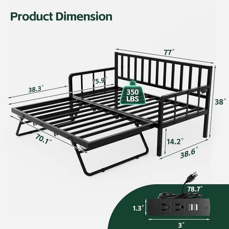 Metal Twin Daybed With Pop - Up Trundle Charging Station - DUTRIEUX - Sleep Galleria