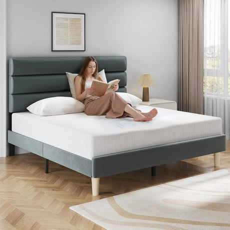 Modern Velvet Upholstered Metal Bed Frame With Headboard - DUTRIEUX - Sleep Galleria