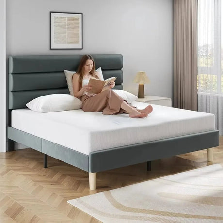 Modern Velvet Upholstered Metal Bed Frame With Headboard - DUTRIEUX - Sleep Galleria