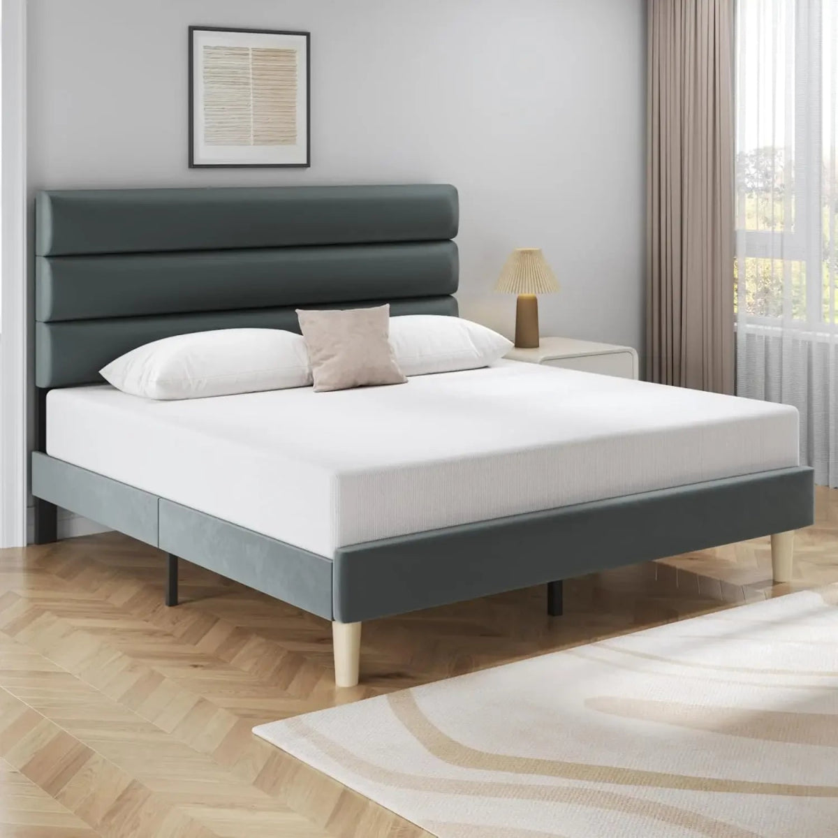 Modern Velvet Upholstered Metal Bed Frame With Headboard - DUTRIEUX - Sleep Galleria