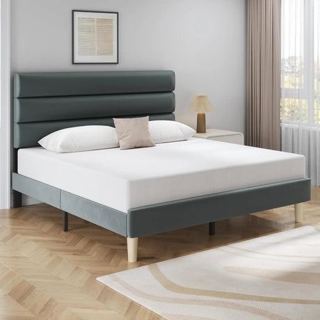 Modern Velvet Upholstered Metal Bed Frame With Headboard - DUTRIEUX - Sleep Galleria