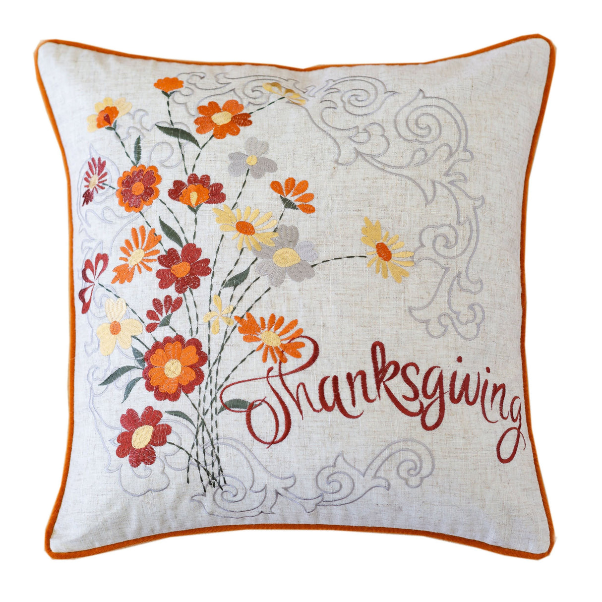 Thanksgiving Embroidered Autumn Harvest 20x20 Throw Pillow