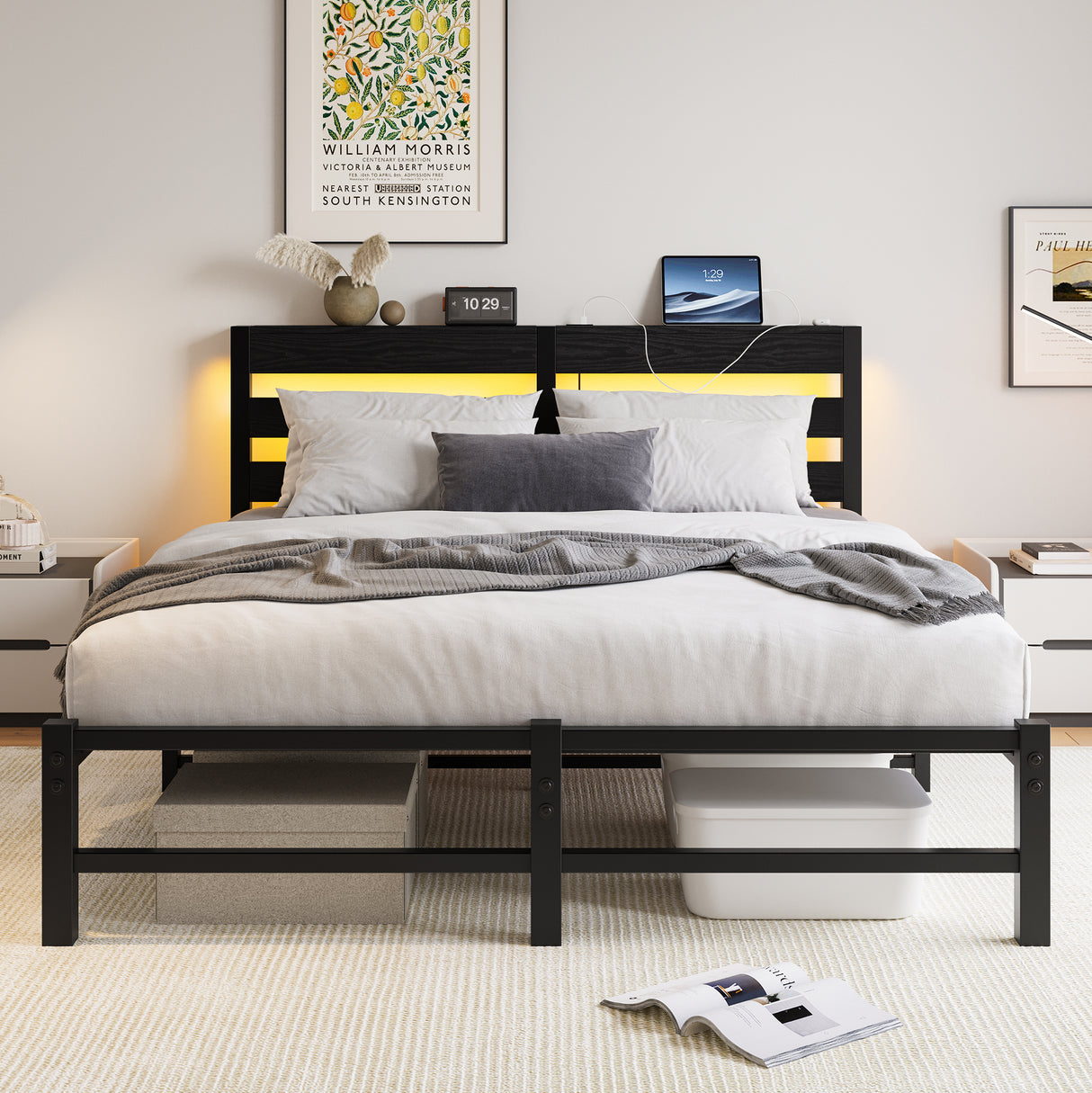Queen Metal And Wood Bed Frame With RGB Lights