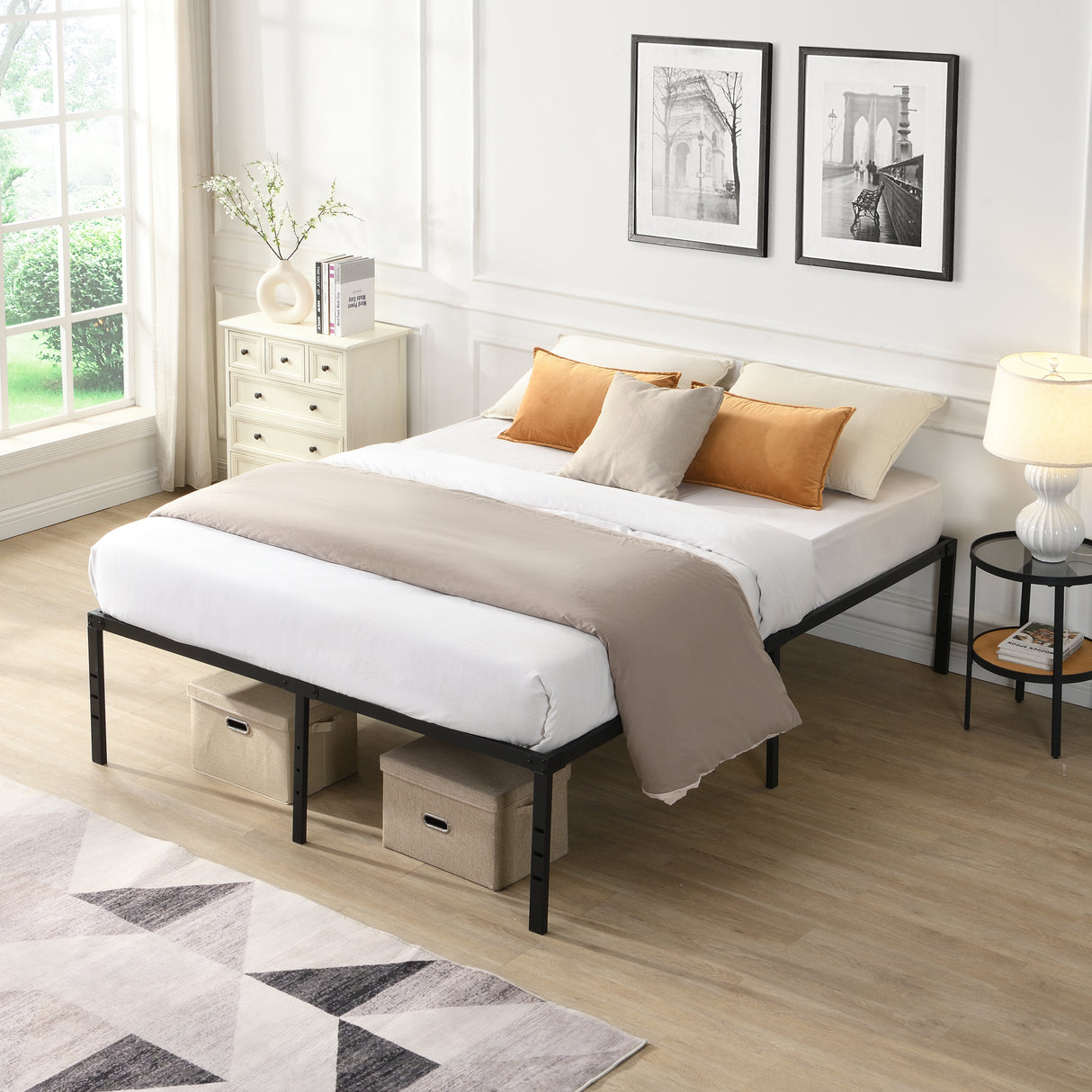 Heavy Duty Queen Metal Bed Frame With Reinforced Slats