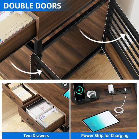 Heavy Duty Pet Cat Dog Crate Furniture with 4 Storage Shelves and 2 Drawers & Charging Station, Cat Litter Box Enclosure Dog Kennel Indoor Furniture - Brown