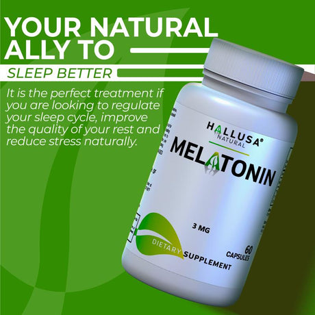 MELATONIN - Melatonin 3 Mg 60 Cap - Sleep Supplement - Dietary Supplement Restful Sleep - Deep Sleep - Relaxation - Focus Factor - Hallusa Natural