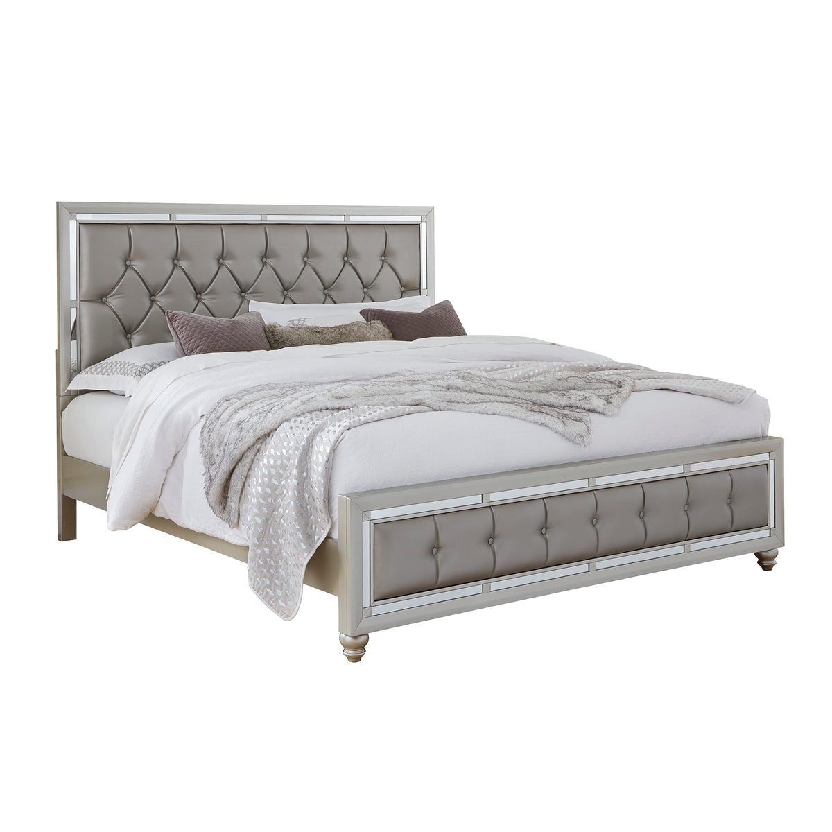 King Modern Solid Wood Panel Bed Frame With Padded Headboard