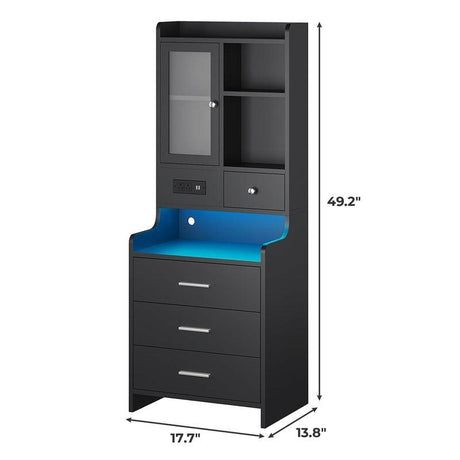 Sikaic LED Tall Nightstand with Charging Station Drawers Shelves Glass Door Storage