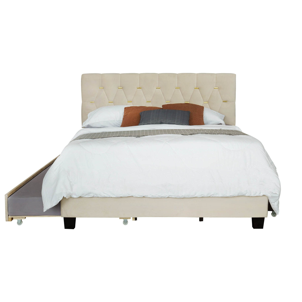 Beige Velvet Upholstered Queen Bed Frame With Trundle