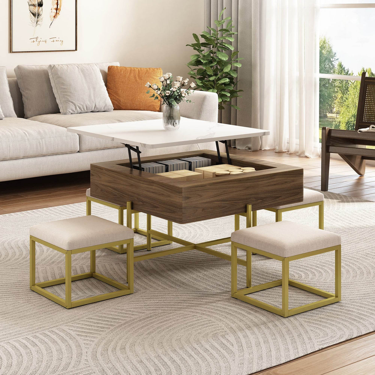 Modern Square Lift-Top Coffee Table Set With Ottomans
