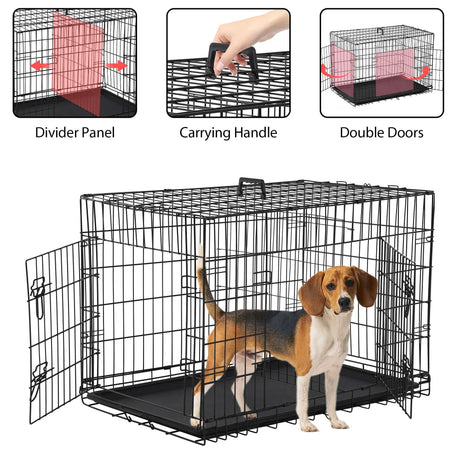 42 Inch Dog Crate, Dog Crates and Kennels Foldable Large Dog Crate for Large Dogs with Handle Double-Door Outdoor Metal Wire Dog Cage with Plastic Tray for Medium Dogs, Black