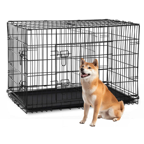 Durable Wire Dog Crate, Folding Metal Dog Kennel Double Door Dog Cage with Plastic Tray, Pet Crate for Large Dog Indoor Outdoor Travel (Blue, 36 Inch)