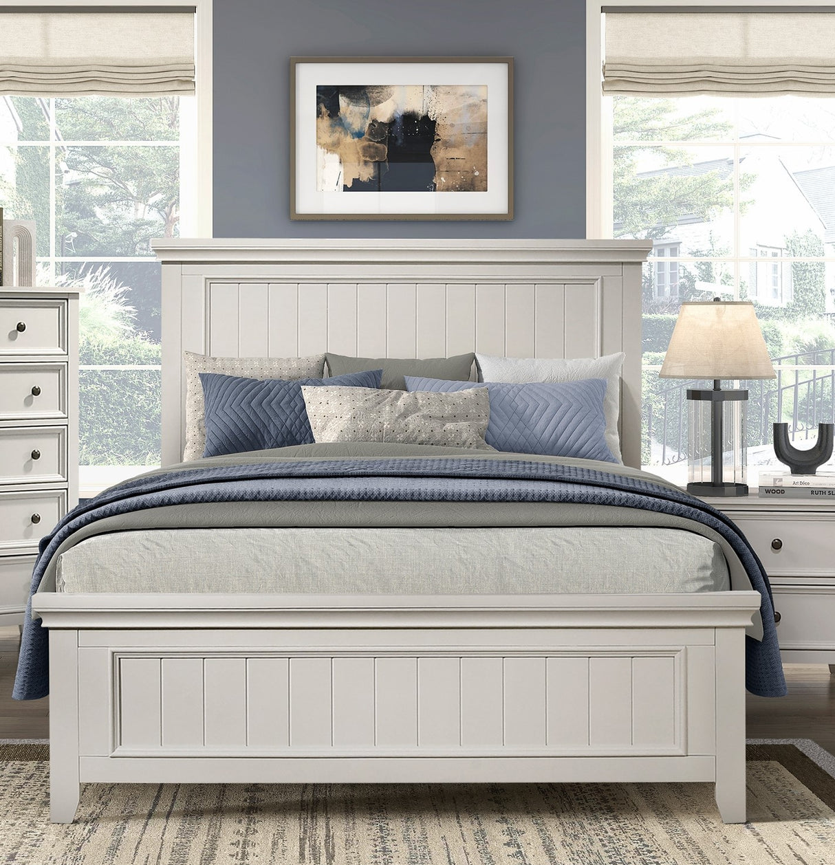 Full White Wood Farmhouse Panel Bed Frame