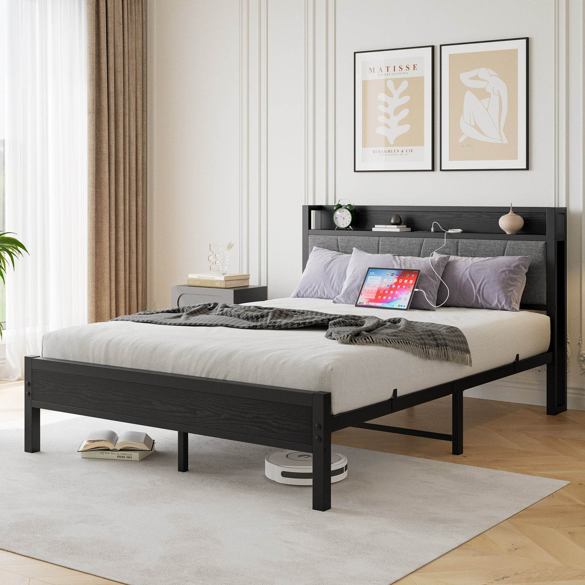 Queen Metal Wood Storage Bed Frame With Charging Station