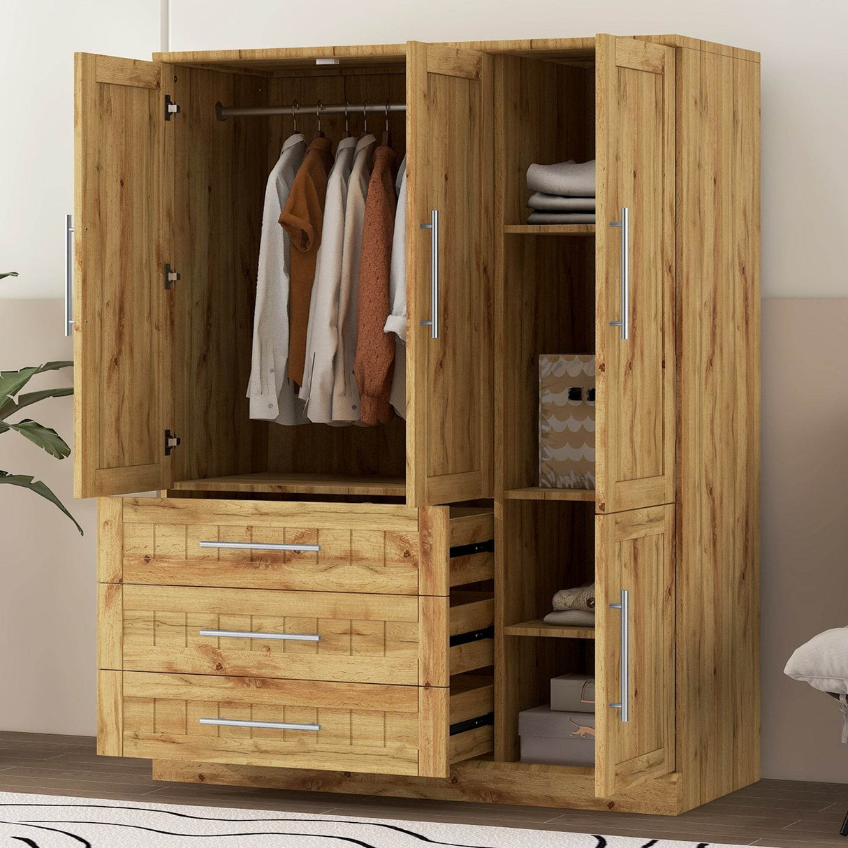 4 Door Natural Pine Wood Storage Wardrobe