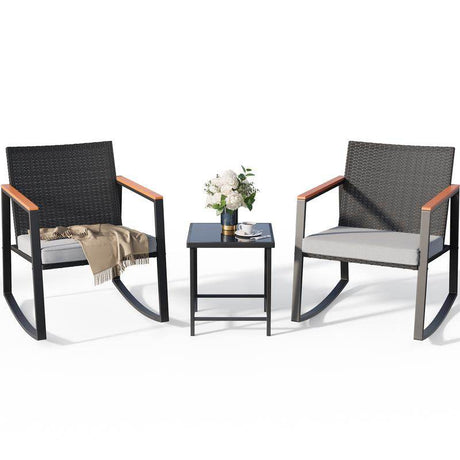 Gizoon 3 Pieces Rocking Patio Bistro Set with Anti-Scald Armrest, Outdoor Patio Wicker Furniture Set with Glass Table and Cushion for Garden, Yard, Porch Swing Chair Durable
