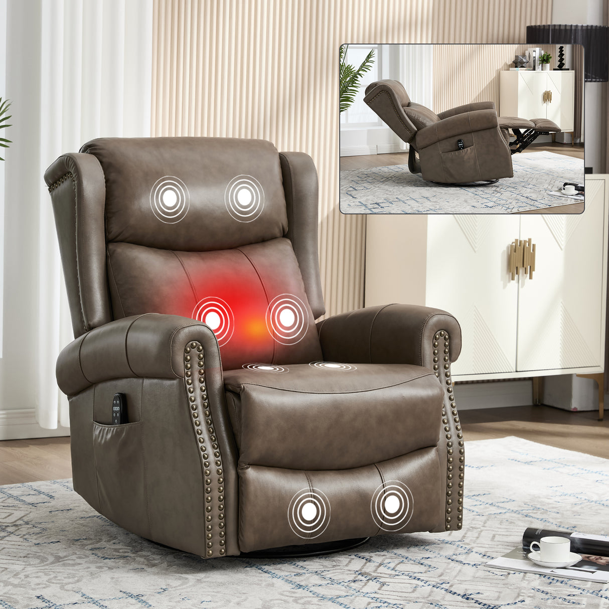 Medium-Firm Genuine Leather Heat Massage Recliner Chair