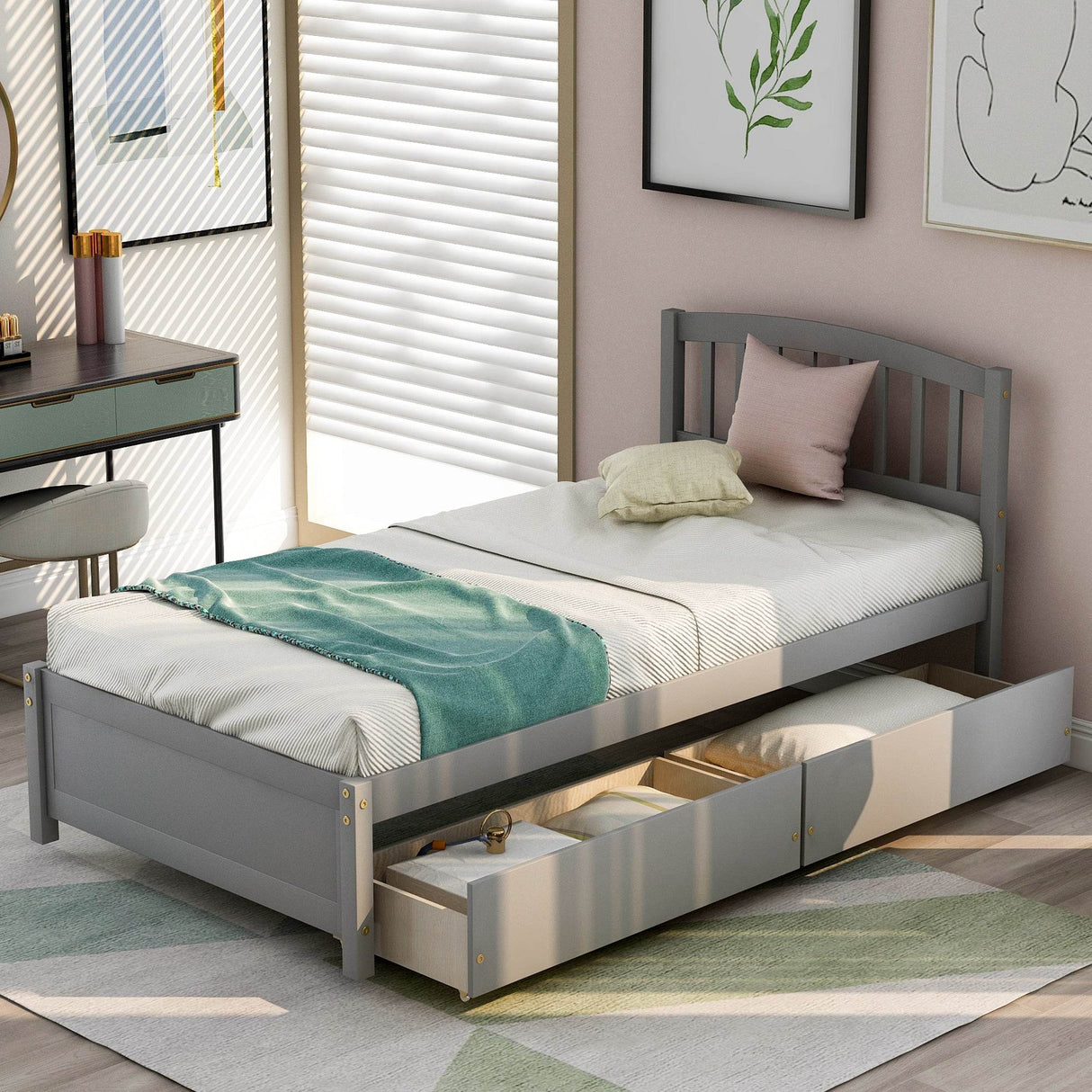 Twin Solid Wood Platform Bed Frame With Storage Drawers