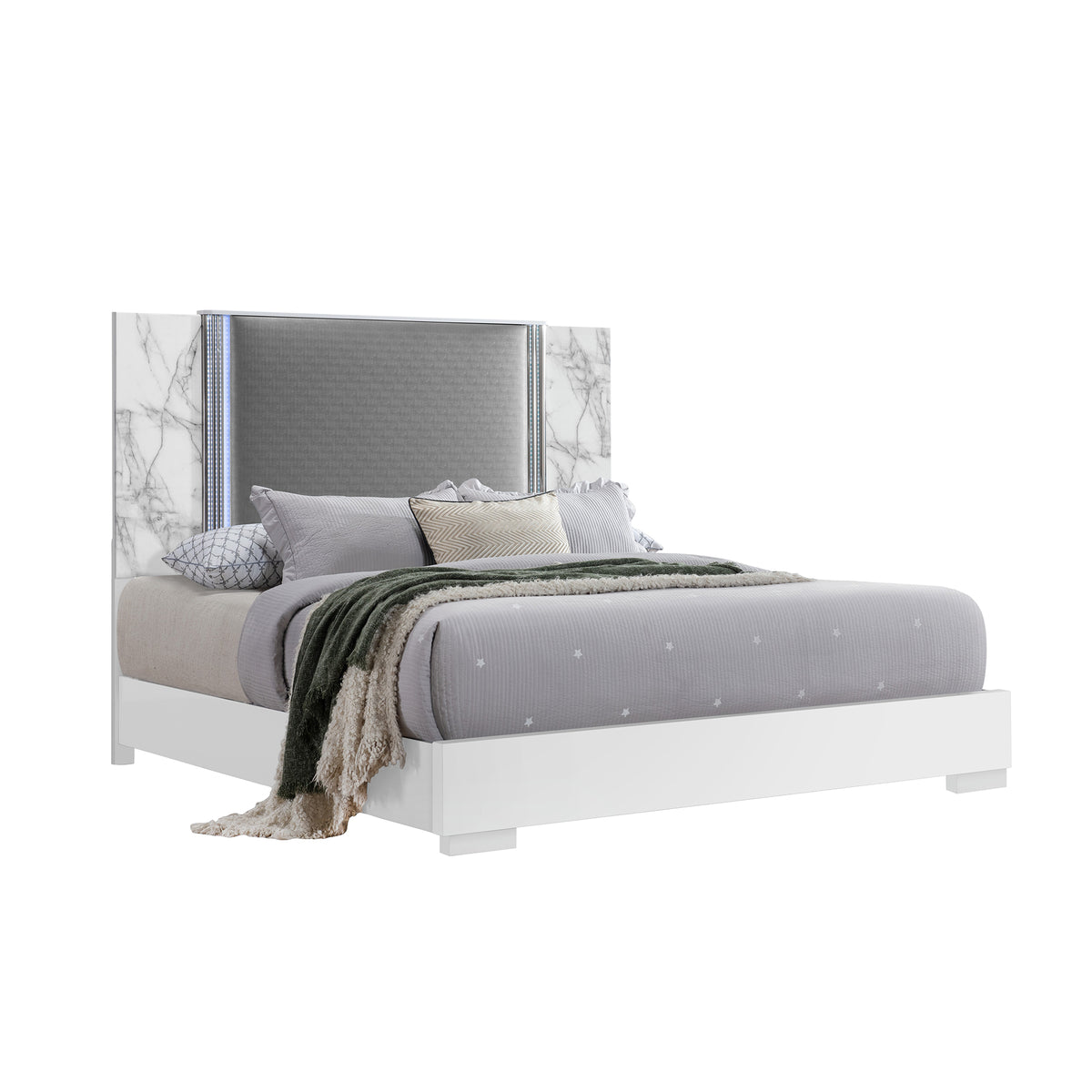 King Modern White Marble Wood Panel Bed Frame With LED Lighting