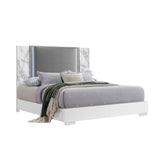 King Modern White Marble Wood Panel Bed Frame With LED Lighting