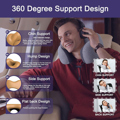 Travel Neck Pillow Memory Foam Adjustable Cooling for Airplane Comfort Support