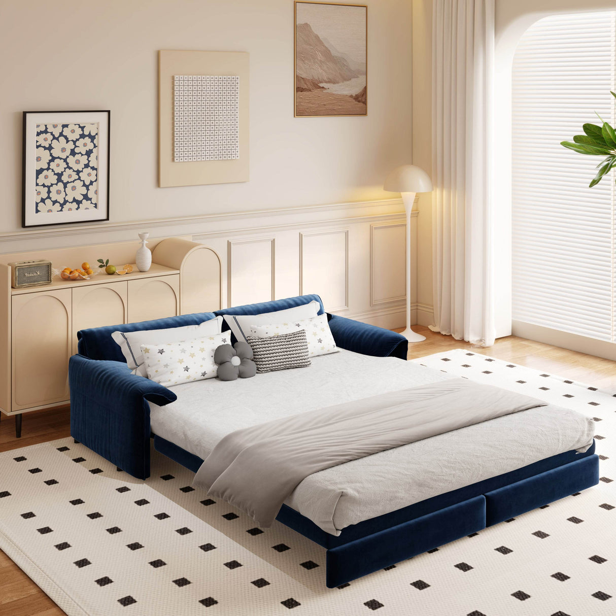 3-In-1 Convertible Velvet Queen Sleeper Sofa Bed With Storage