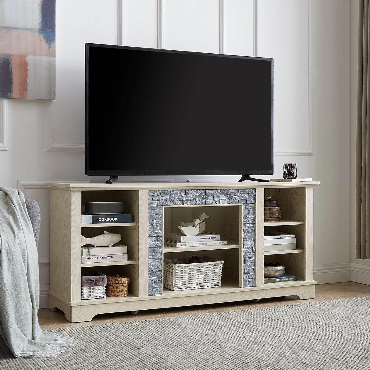 White Faux Stone Entertainment Console TV Stand - Sleep Galleria