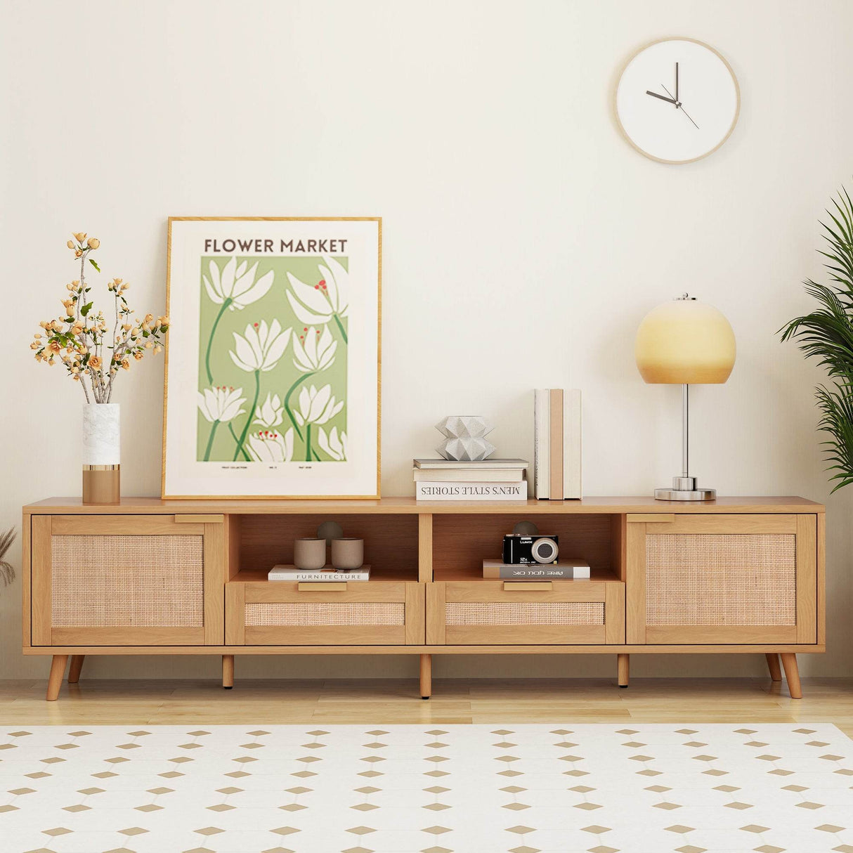 Modern Rattan TV Stand With Storage Cabinets - Sleep Galleria
